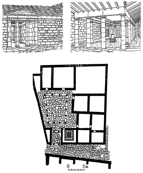 Архитектура античных государств северного Причерноморья. Ольвия. Притауей. Реконструкция входа и перистильного дворика и план