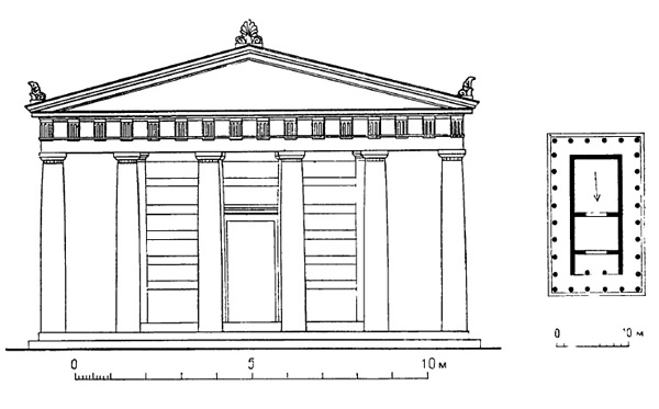 Архитектура Древней Греции. Пергам. Святилище Афины Никефоры. План храма, фасад