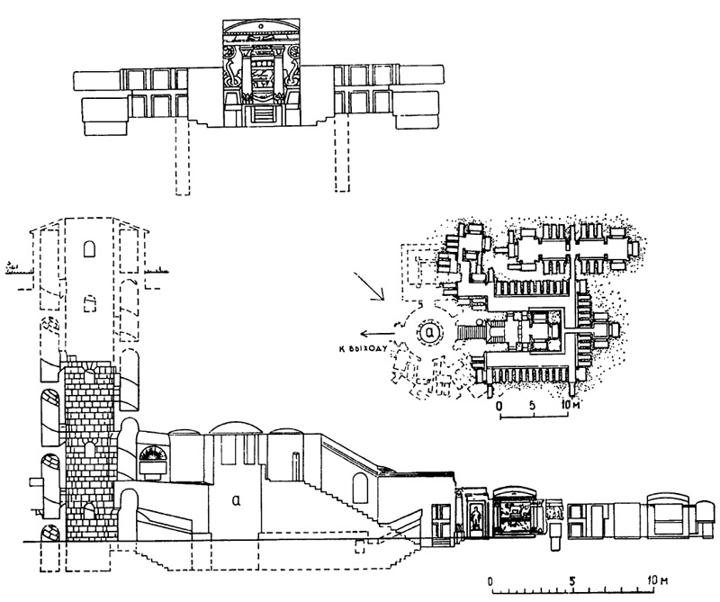 Архитектура Древней Греции. Александрия. Ком-эль-Шукафа. Катакомбы-гробницы. План, продольный и поперечный разрез