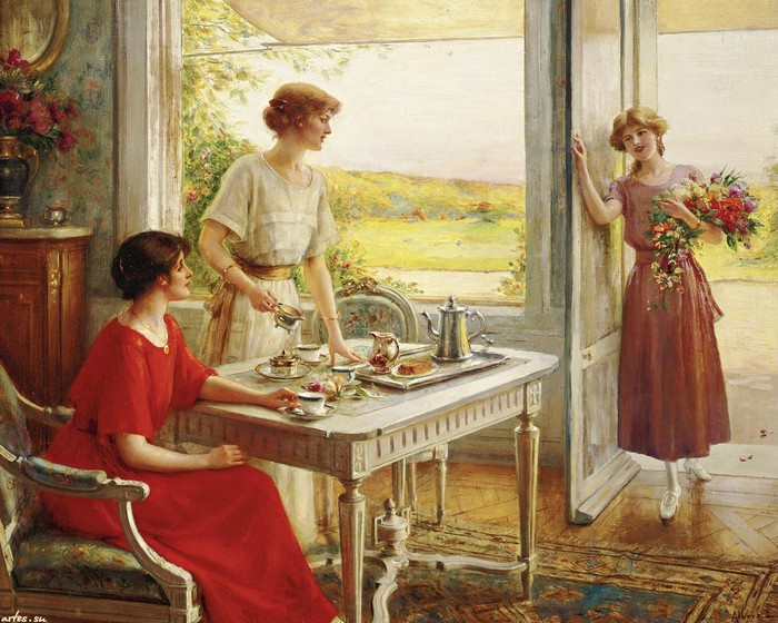 картина молодые девушки пьют чай