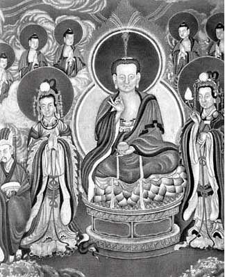 Будда Врачующий в окружении учеников и бодхисатв.