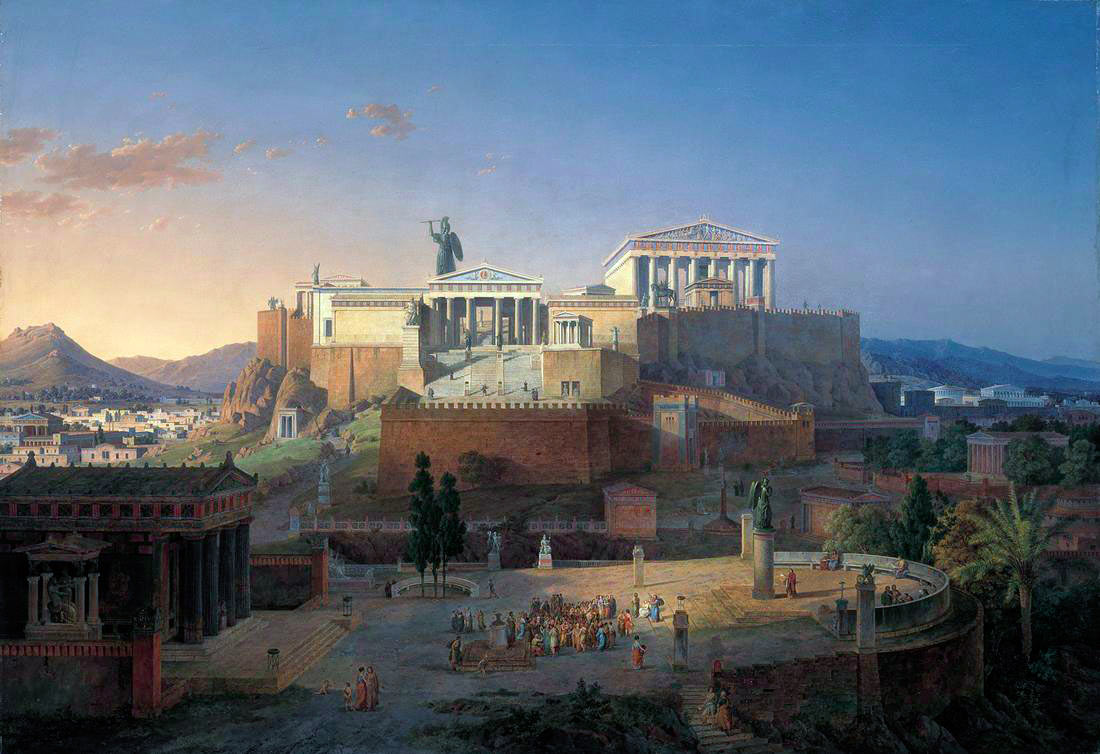 Афинский акрополь, реконструкция Лео фон Кленце 1846 года (над акрополем возвышается статуя Афины Промахос)
