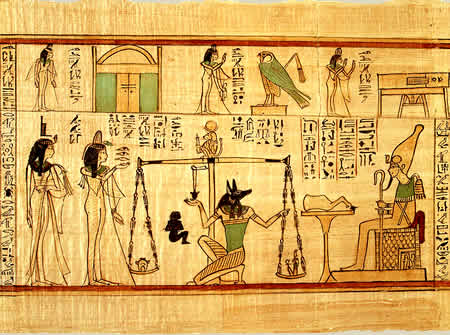 На одной чаше весов сердце человека, на другой - богиня правды в Египте. Папирус. XXI династия. Ок. 1040-945 гг. до н.э. Метрополитен-музей, США