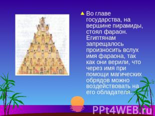 Во главе государства, на вершине пирамиды, стоял фараон. Египтянам запрещалось п