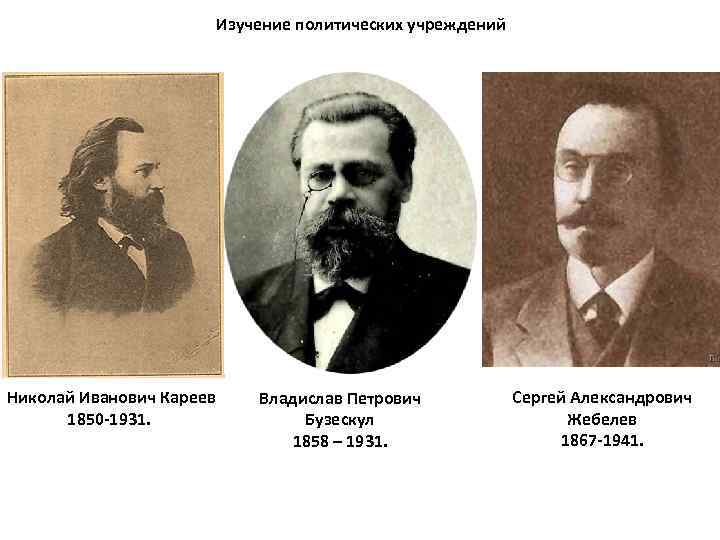 Изучение политических учреждений Николай Иванович Кареев 1850 -1931. Владислав Петрович Бузескул 1858 – 1931.