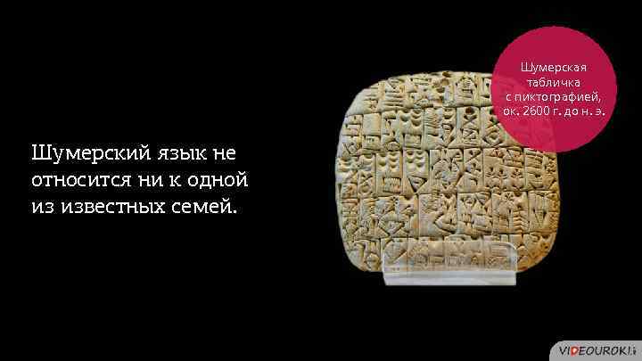 Шумерская табличка с пиктографией, ок. 2600 г. до н. э. Шумерский язык не относится