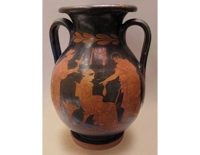 Краснофигурная пелика вазописца Полигнота. Юноша рассчитывается с гетерой. Ок. 430 г. до н. э.