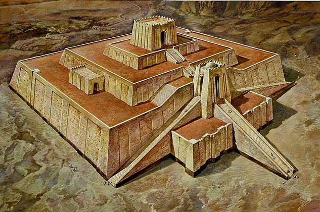 Шумерский зикурат — древнее культовое сооружение. Реконструкция