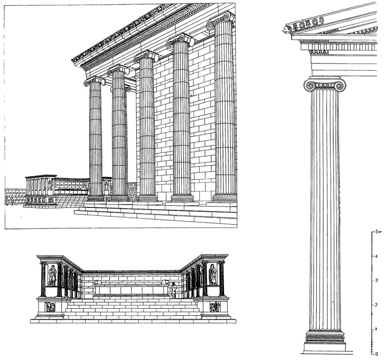 Архитектура Древней Греции. Приена. Святилище Афины Полиады, около 335 г. до н. э., арх. Пифей. Реконструкция общего вида и алтаря, ордер храма Афины