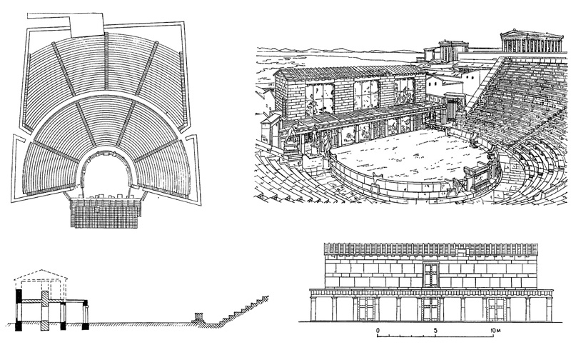 Архитектура Древней Греции. Приена. Театр. План, реконструкция общего вида со скеной, разрез, реконструкция скены