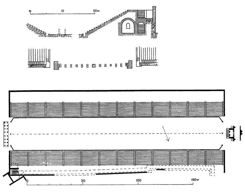 Архитектура Древней Греции. Милет. Стадион. План. Разрез по трибунам