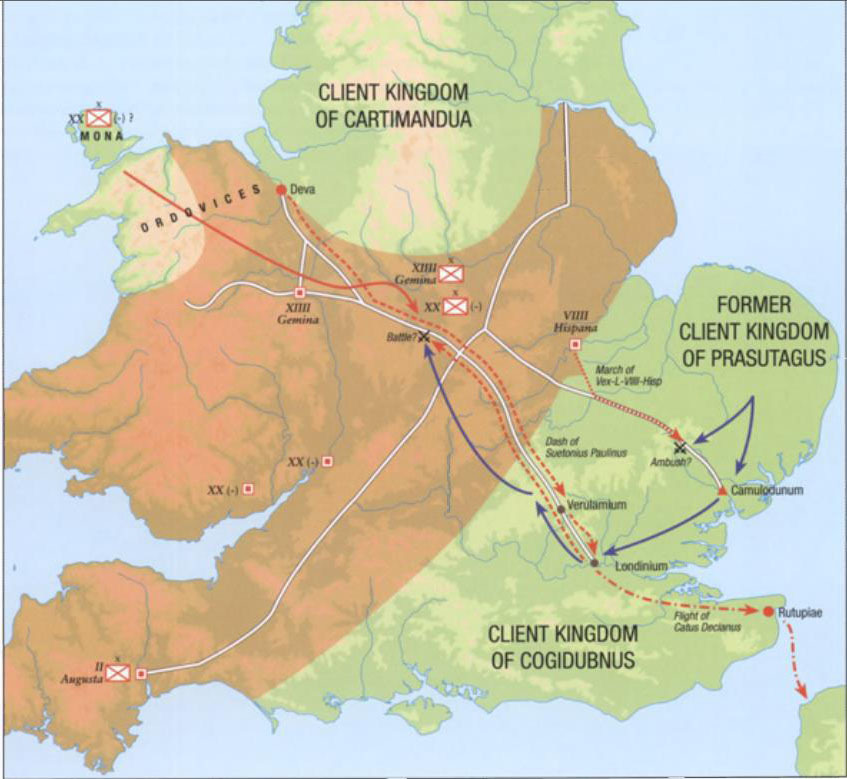 ​Восстание Боудикки. Действия римских войск показаны красным цветом, кельтских — синим цветом - Кельты в Британии | Warspot.ru
