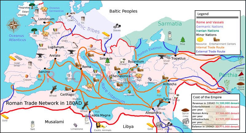 Политическая карта Европы, показывающая наиболее значимые торговые пути и товары Древнего Рима (автор Adhavoc)