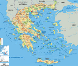 Детальная физическая карта Греции с городами, дорогами и аэропортами.