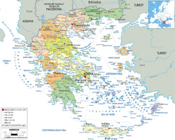 Детальная политическая и административная карта Греции с городами, дорогами и аэропортами.