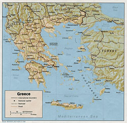 Политическая карта Греции с рельефом и городами.
