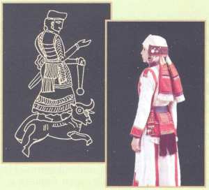Древний женский костюм суваро-хурритской богини Шавушка (Северная Месопотамия) и чувашский женский костюм, XIX в.