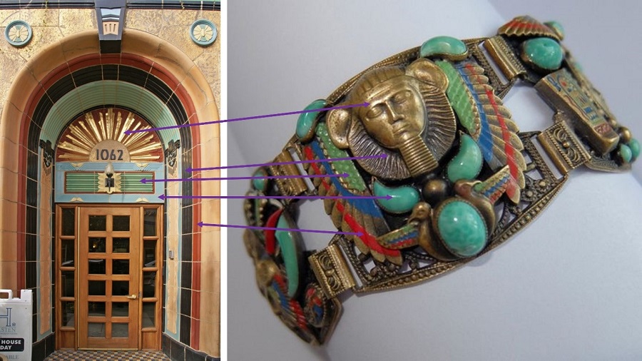 Соответствие цветовой палитры на здании в египетском стиле и на броши в египетском стиле 