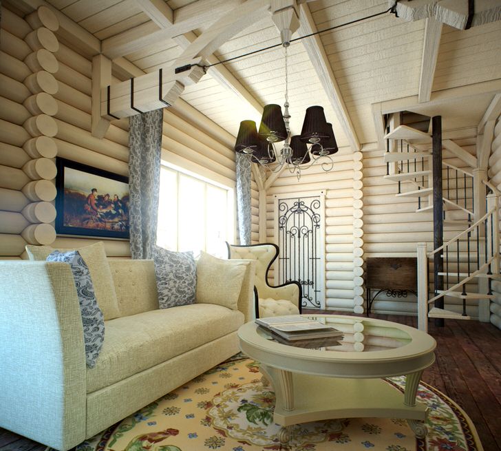 Гостевая комната в современном деревенском стиле украшена ковром с цветочным рисунком и картиной с тематическим изображением. 