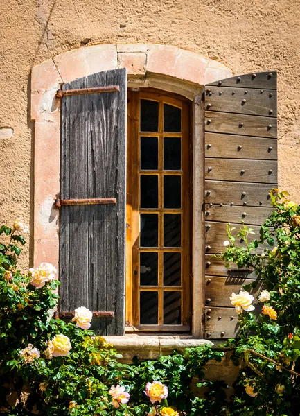 Деталь старые винтажные деревянные окна с дикими розами Стоковое Изображение