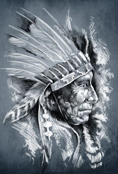 Эскиз тату искусства, коренных американцев индианки, начальник, Грязные Стоковое Фото