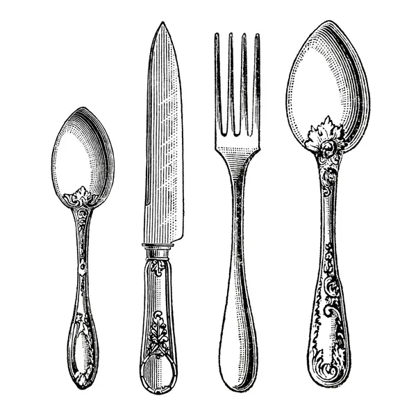 Винтаж серебро нож, вилка и ложка Стоковое Изображение