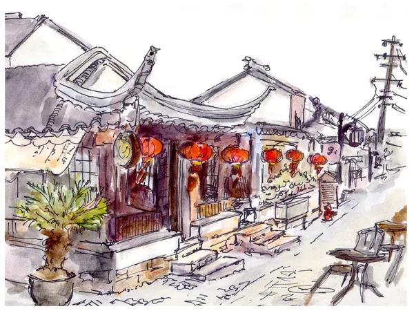 Акварель окрашены китайский Старый город, кафе и красные фонари — стоковое фото