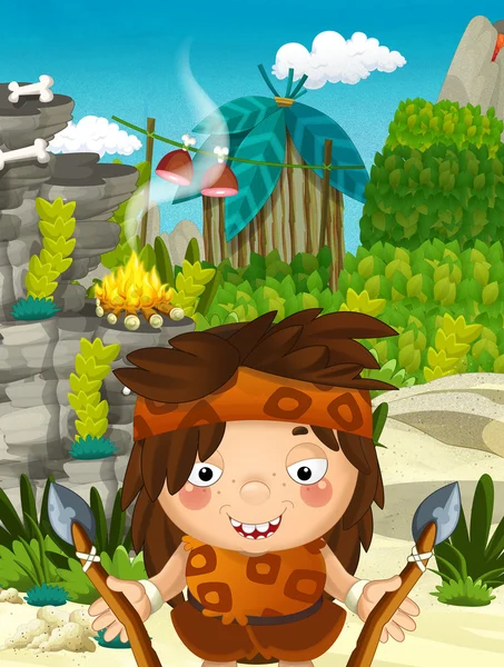 Мультфильм характер сцены - джунгли - с смешные манга мальчик - счастливый иллюстрации для детей Лицензионные Стоковые Фото