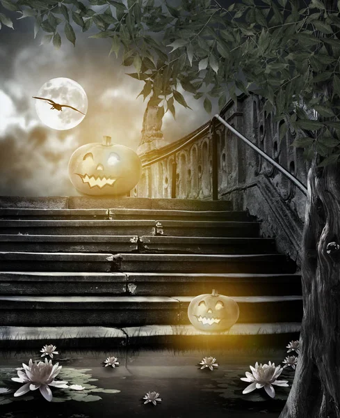 Тыквы Хэллоуина во дворе старой каменной ночи лестницы в br — стоковое фото