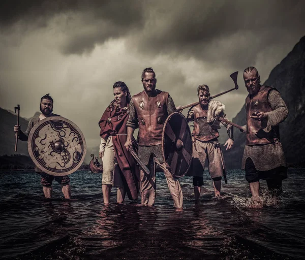 Группа вооруженных викингов стоя на берегу реки Стоковая Картинка