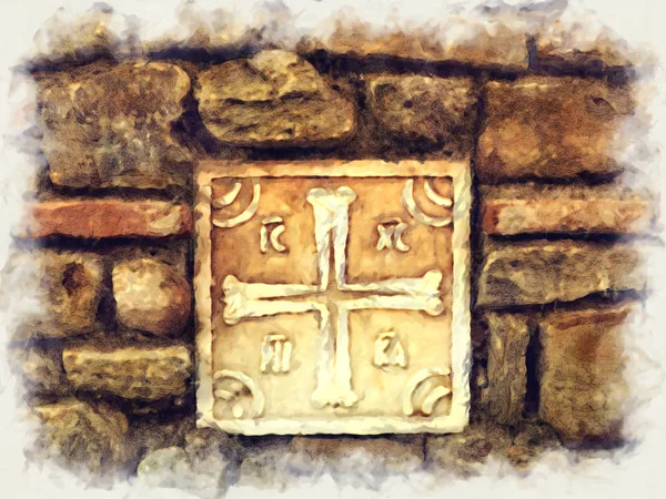 Древний греческий крест из мрамора на каменной стены Стоковое Изображение