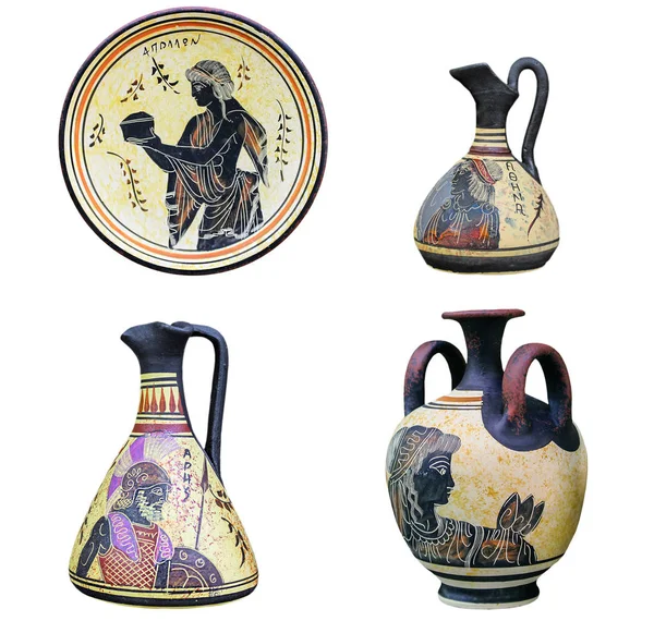 Набор из трех древних греческих вазах и блюдо, изолированные на белом обратно Стоковое Фото