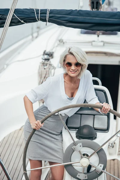 Beautiful Smiling Girl Sunglasses Standing Steering Wheel Yacht — стоковое фото