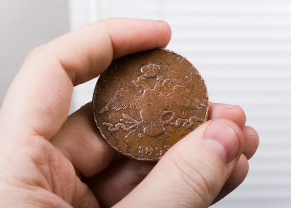 Старая монета в руке Стоковое Фото