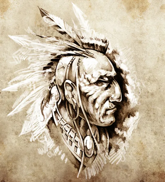 Эскиз тату искусства, главный иллюстрации американских индейцев Стоковая Картинка