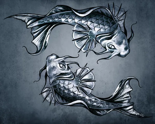 Двойственность концепции тату, два японских Золотая рыбка на синий Винтаж b Стоковое Фото